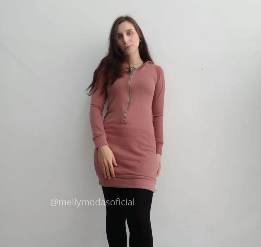 Vestido Manga Longa com Ziper e Capuz rose