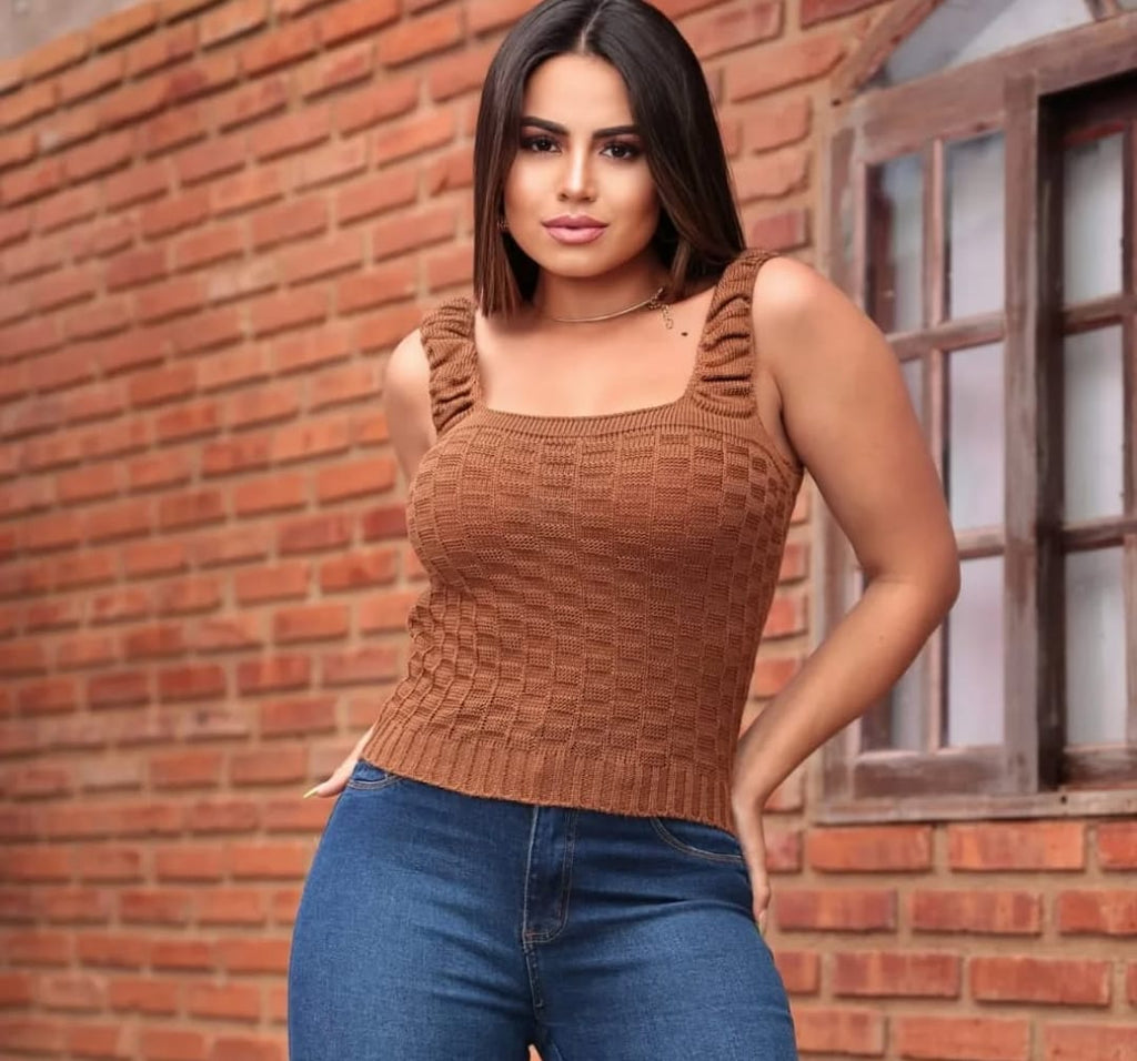 Cropped de Alcinha Tricot Tijolinho Versátil para Dia ou Noite