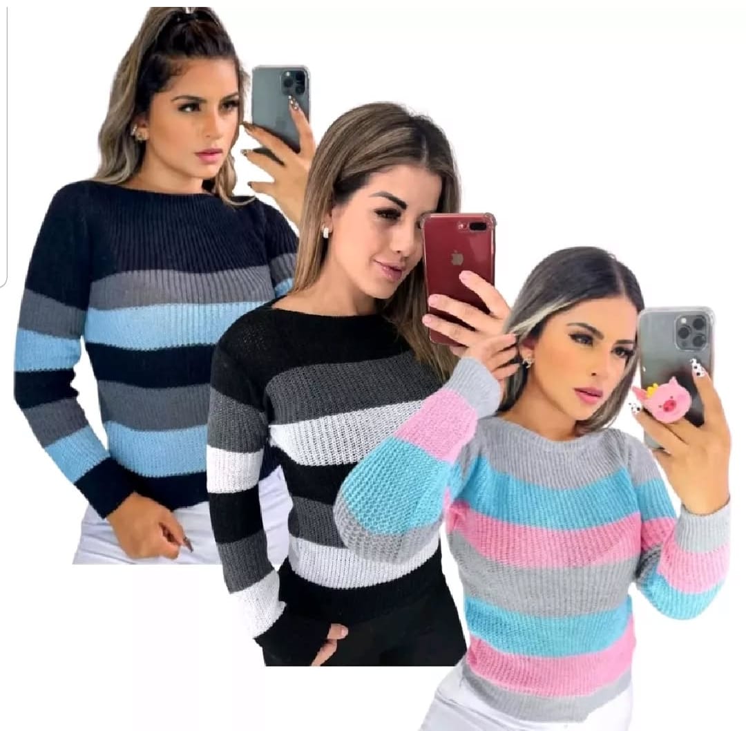 Blusa Feminina Manga Longa de Lã Canoa Listrada