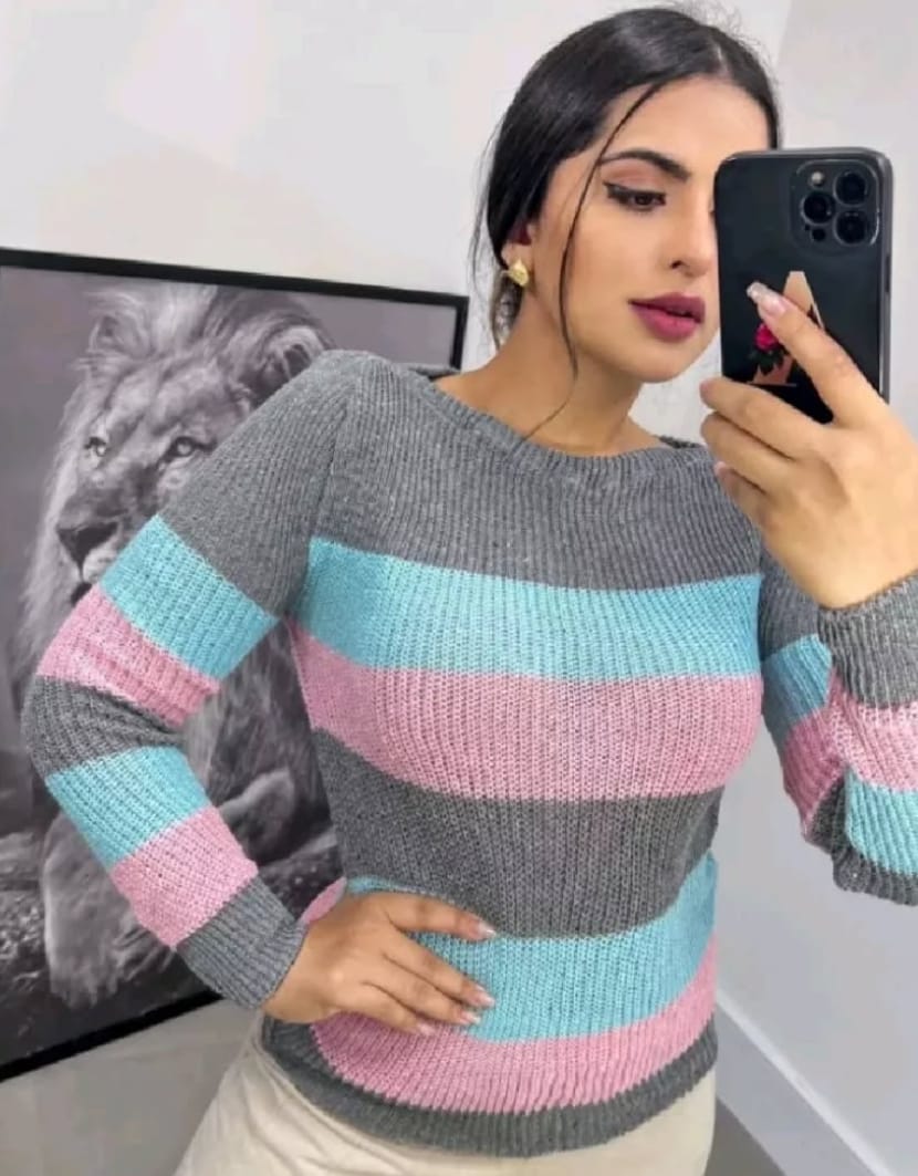 Blusa Feminina Manga Longa de Lã Canoa Listrada