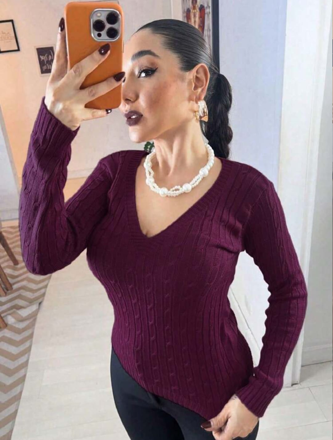 Blusa Feminina Tricot Manga Longa Gola V