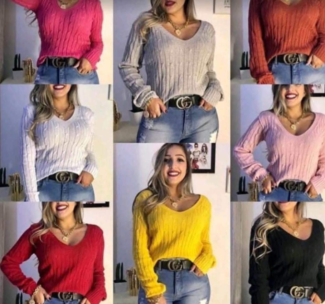 Blusa Feminina Tricot Manga Longa Gola V