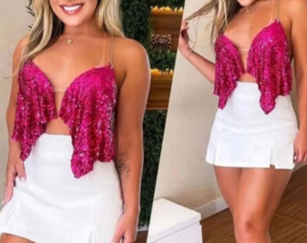 Cropped Paetê Corrente Delicadeza com Toque Sexy