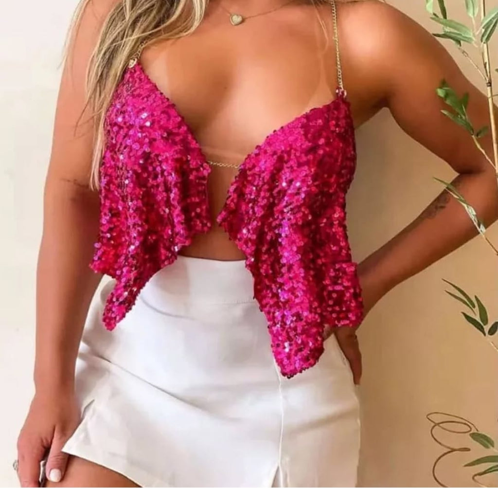 Cropped Paetê Corrente Delicadeza com Toque Sexy