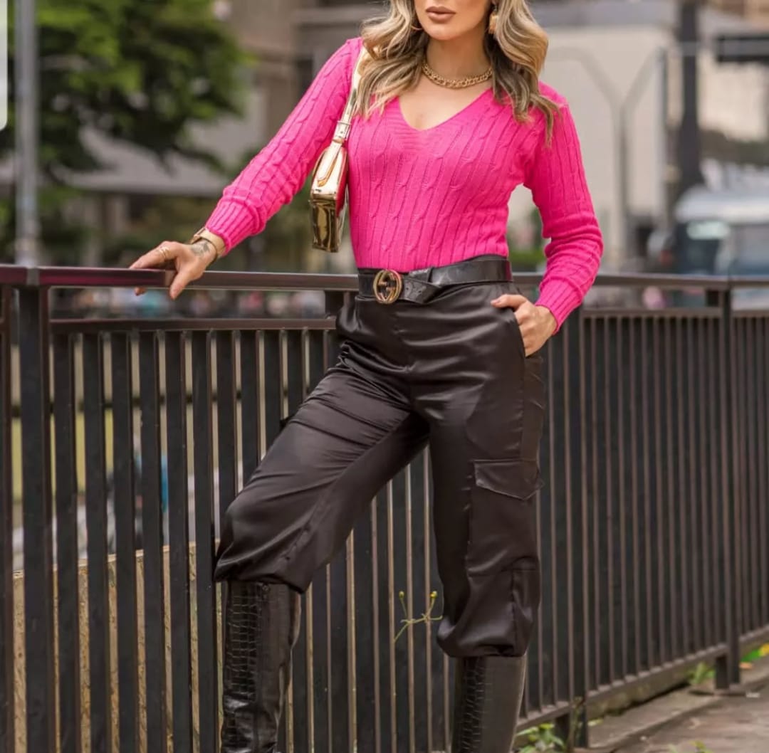 Blusa Feminina Tricot Manga Longa Gola V