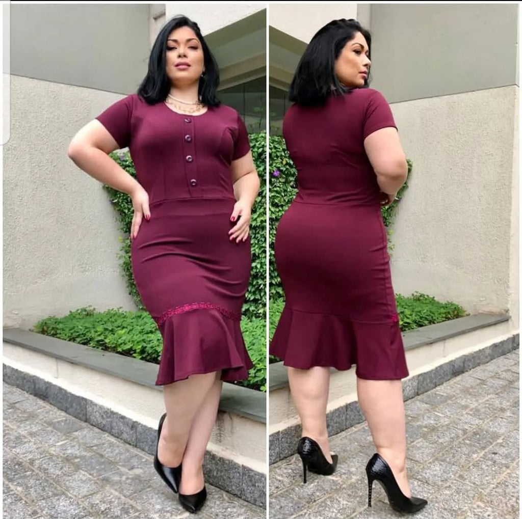 Vestido Social Poliéster Plus Size com Babado