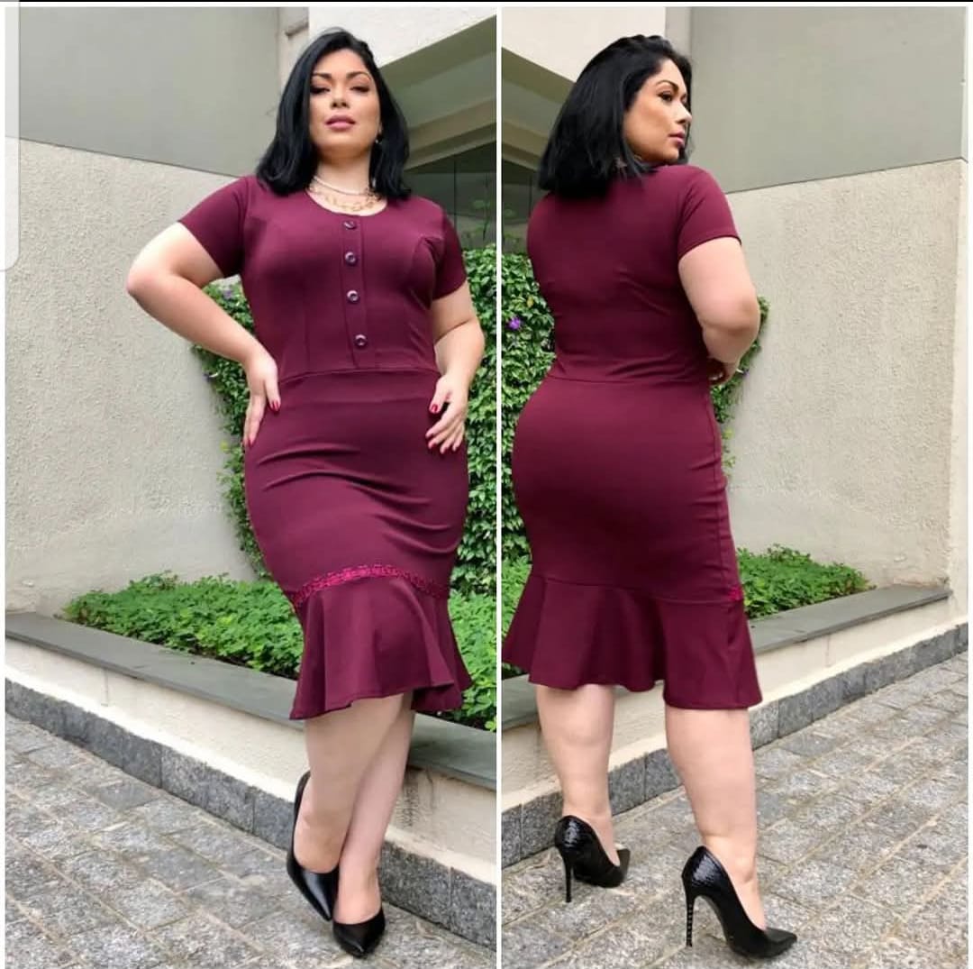 Vestido Social Poliéster Plus Size com Babado