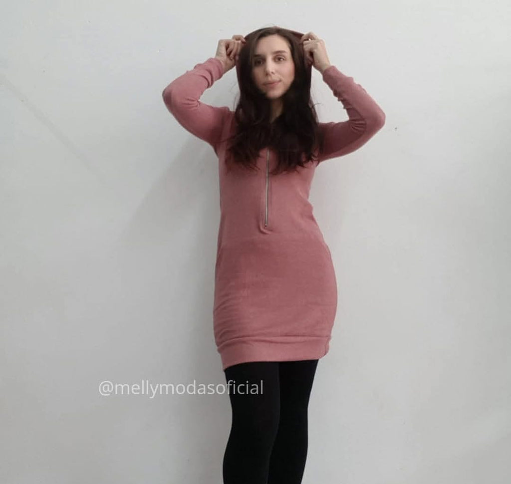 Vestido Manga Longa com Ziper e Capuz rose