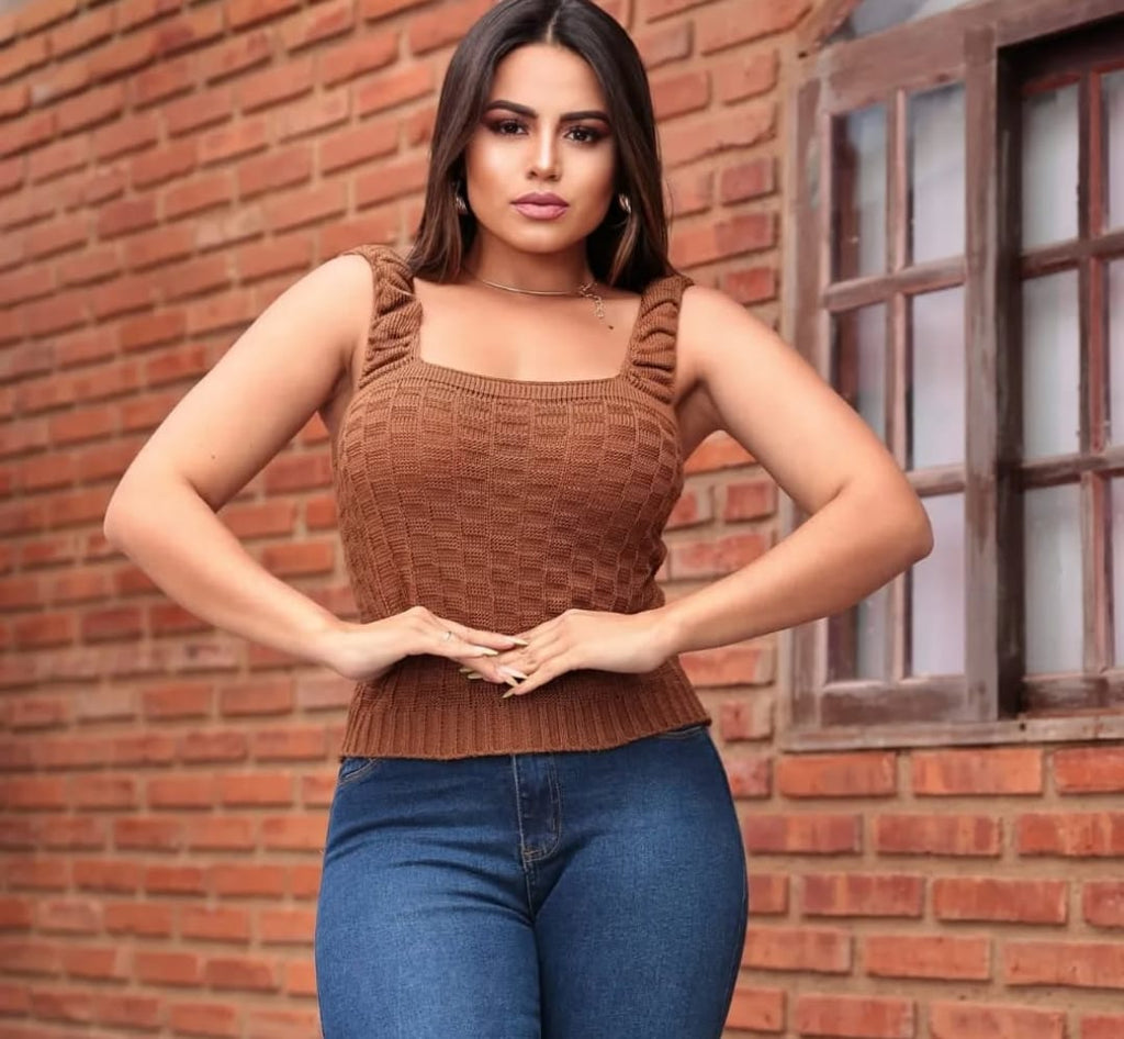 Cropped de Alcinha Tricot Tijolinho Versátil para Dia ou Noite