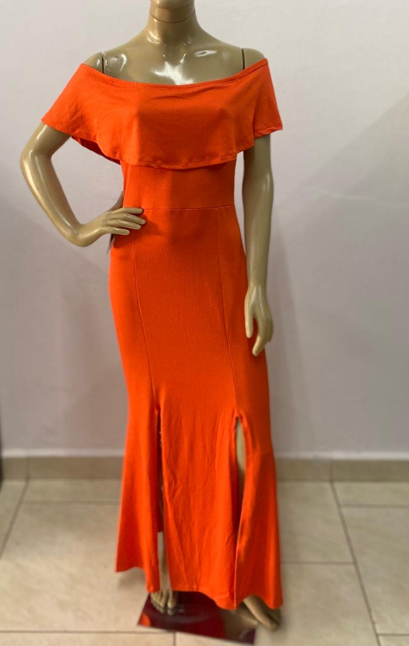 Vestido Longo Laranja Ombro a Ombro com Fenda